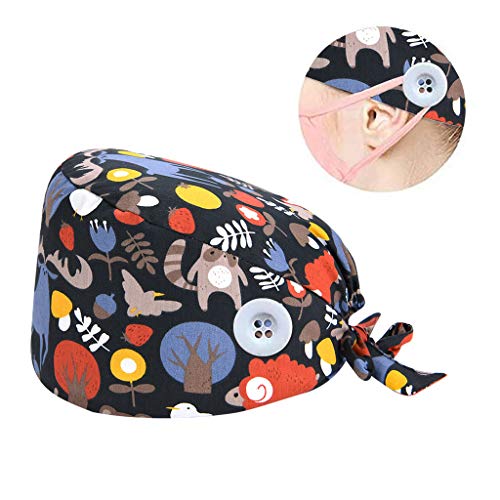 riou Gorro Quirúrgico para Hombres y Mujeres Botón Flor Corbata Algodón Gorro Quirofano Reutilizable Gorro de Cirugía para Pelo Largo Corto Gorro de Trabajo