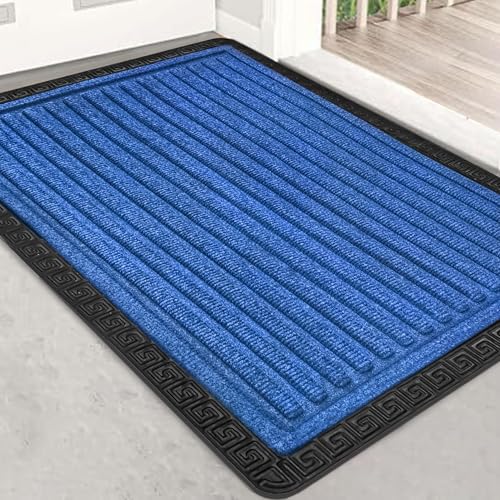 Image of Yellow Weaves 2 Pcs Door Mat for Home Entrance, Outdoor Rubber Mat - Non-Slip, Anti Skid Foot Mat, Dirt Trapper, Heavy-Duty, Weather-Resistant, Waterproof Doormat (40x60cms, Stripe, Blue Color)