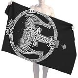 NICEWL Thors Hammer Mjölnir Dragon Ship Print Handtücher Waschlappen,Nordische Runen Viking Warrior Celtic Knot Totem,Vintage Mikrofaser Stranddecke