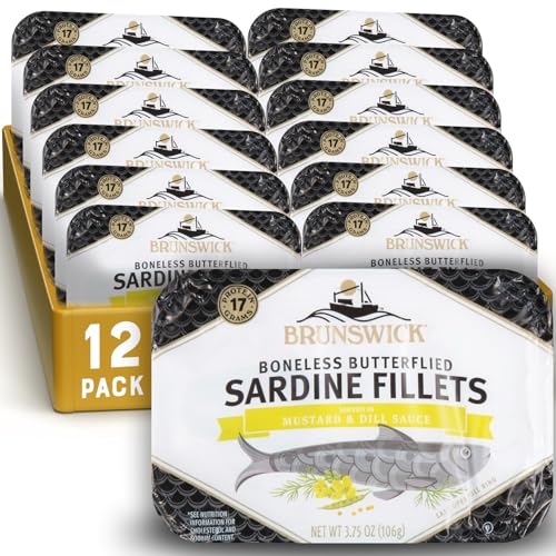 Brunswick Sardines in Mustard & Dill Sauce, 3.75 oz Can (Pack of 12) - Boneless Butterflied Sardine Fillets - Wild Caught - 17g Protein per Serving - Gluten Free, Keto Friendly