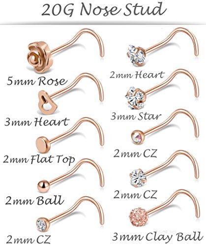 Tornito 20G 10Pcs Stainless Steel Nose Screw Studs Rings CZ Nose Ring Labret Nose Piercing Jewelry for Men Women Silver Rose Gold Tone3