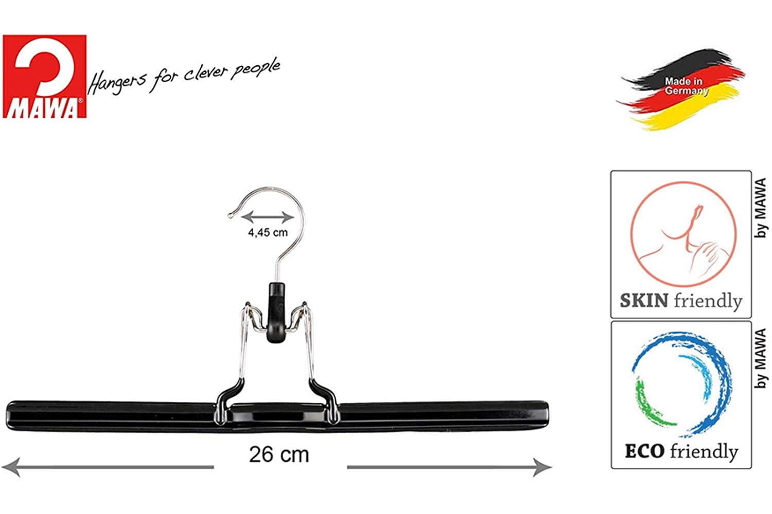 MAWA Klemmbügel, 10 Stück, platzsparende Klemmbügel, geeignet für Hosen und flächige Teile, 360° drehbar, hochwertige Antirutsch-Beschichtung, 26 cm, Schwarz