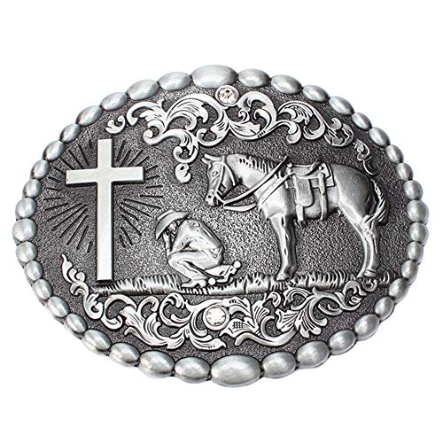 Oyster-Buckle Christian Cowboy Praying to the Cross with Horse Belt Buckle