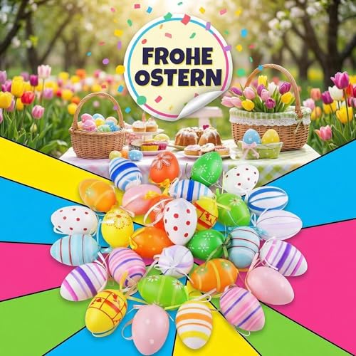 36 Stück Ostern Dekoration Eier, 2 Größen für Hängende Ostereier Dekorationen Punkte Streifen Blumen für Baum Schule Haus Deko AST Zum Aufhängen