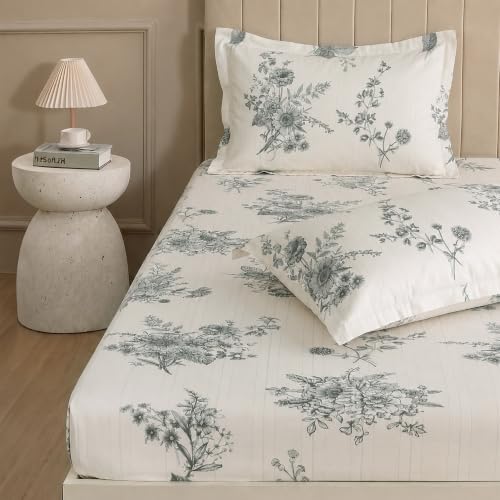 Image of Home Elegance from House of Mytrident | Linen Feel Bed Sheet for Double Bed King Size with Two Pillow Covers | Ultrasoft | Floral 274cm x 250cm | myTrident - Ethereal Grey