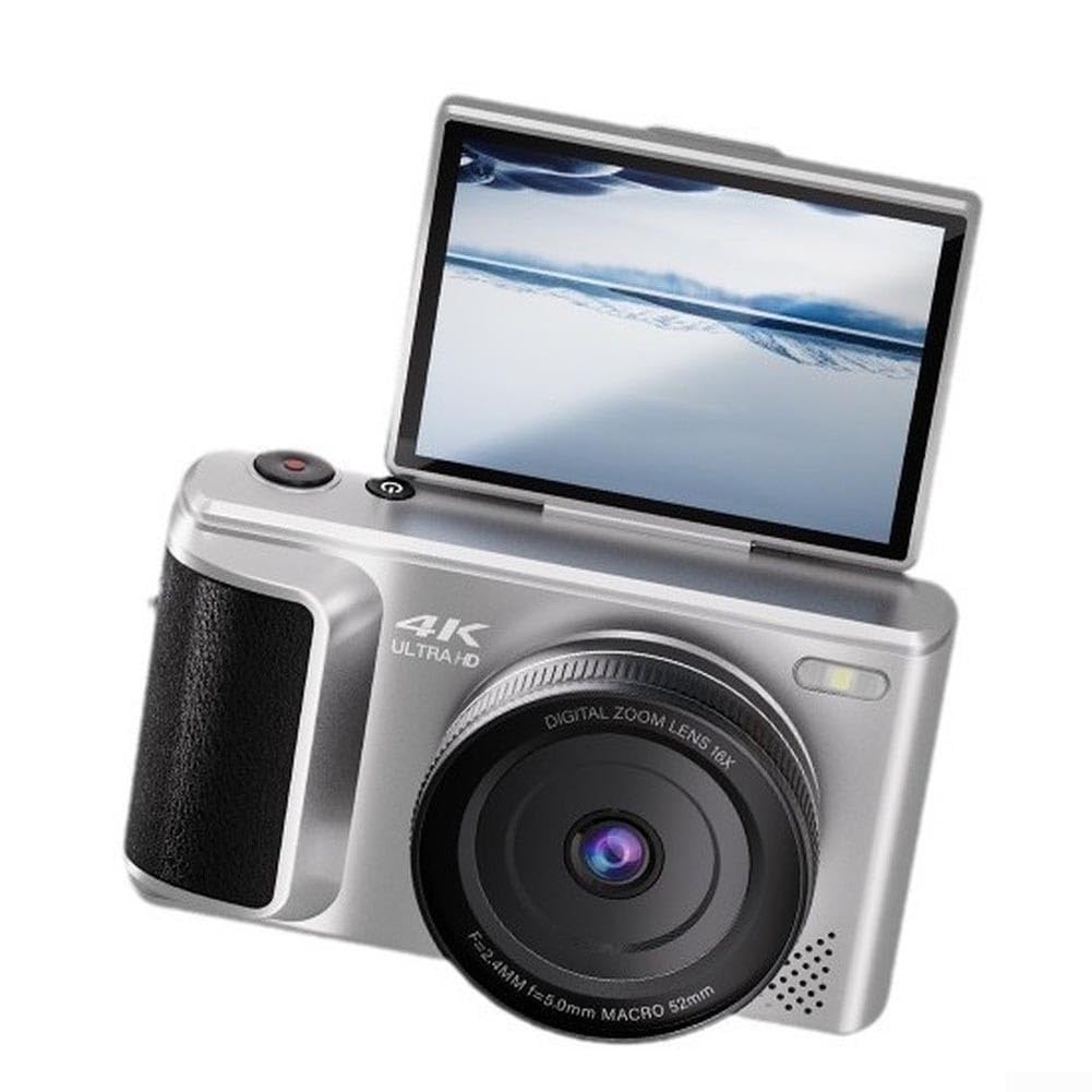 Telecamera con schermo flip da 64 MP, con controllo vocale, per immagini ultra HD con scheda di memoria da 64 GB, CCD leggero per principianti di fotografia (argento)