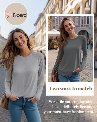Ficerd 3 Pack Women's Long Sleeve T-Shirts Crew Neck Raglan Sleeve Casual Loose Fit Shirts Side Split Curved Hem Tunic Tops3