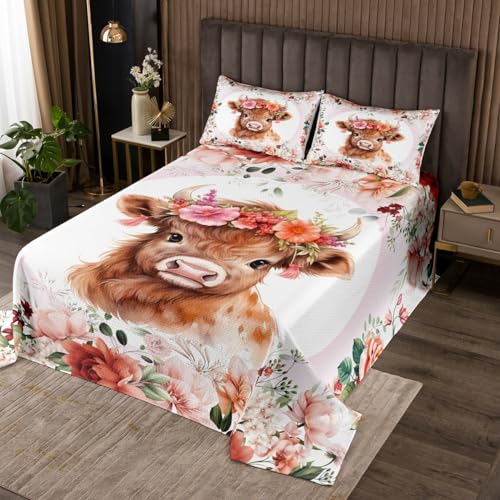 Feelyou Cute Highland Cow Bedspread Twin Size Kids Cartoon Animal Quilted Coverlet for Boys Girls Teens Flower Floral Print Coverlet Set Farm Zoo Garden Theme Quilted Room Decor