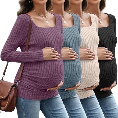 Sweetyweee 4 Pack Womens Maternity Ribbed Shirts Long Sleeve Square Neck Sweaters Casual Slim Side Ruched Pregnancy Clothes(Purple Blue Apricot Black Medium)