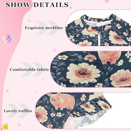 ALAZA Piggy Pig Floral Navy Girls One Piece Swimsuit Long Sleeve Rash Guard Swimsuits UV 50+ Swimwear Zipper4