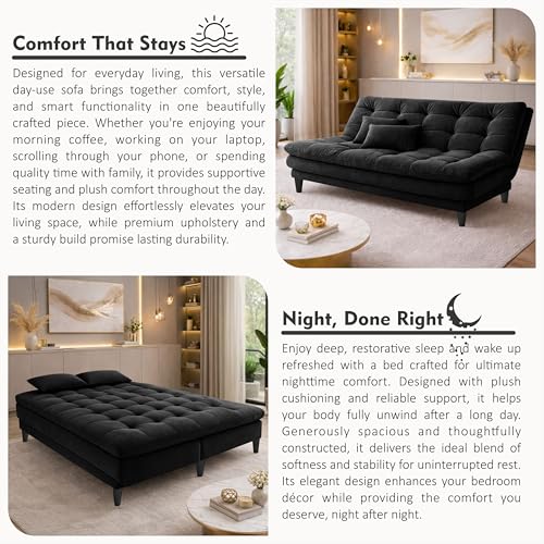 Image of Modern 3 Seater Sofa Cum Bed | Tufted Backrest | Velevt Fabric Upholstery | Living Room Furniture-Black