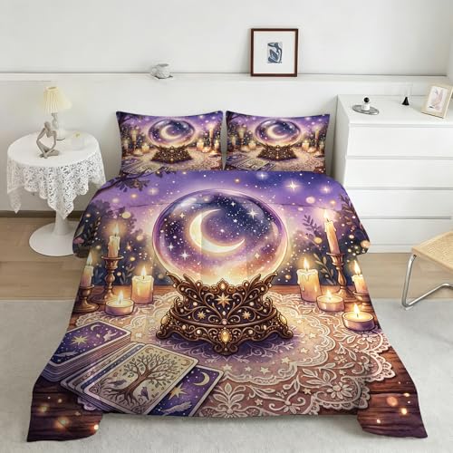 Image of Mystical Crystal Ball Bedding Set King Size, 3 Piece Soft Microfiber Comforter Set with Tarot and Moon Print, Includes 1 Comforter 2 Pillowcases for Witchy Bedroom Decor