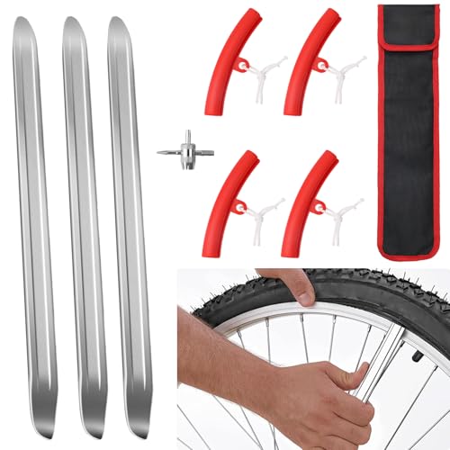 3Stks 28cm Montierhebel Reifen, 4Stks Reifenmontage Felgenschutz, Reifenwechsel Hebel, Felgenkantenschutz mit 4-Wege Ventileinsatz Aufbewahrungsbeutel, Auto Felgenschoner für Motorrad Fahrrad