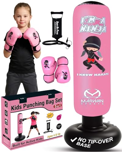 Image of Marwan Sports Ninja Kids Punching Bag - Inflatable Sensory Toy & Birthday Gift for Boys & Girls Ages 4-12, 63 inch Freestanding 5-in-1 Kit, Indoor Apartment-Quiet Sensory-Friendly Active Play