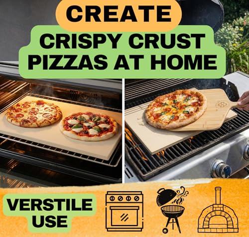 Image of Large Pizza Stone for Oven and Grill 20 Inch - Cordierite Pizza Stones with Wooden Pizza Peel, Dough Tool & Pizza Cutter Set - Makes Crispy Homemade Pizza & Bread - 20 inch x 13.5 inch Baking Stone