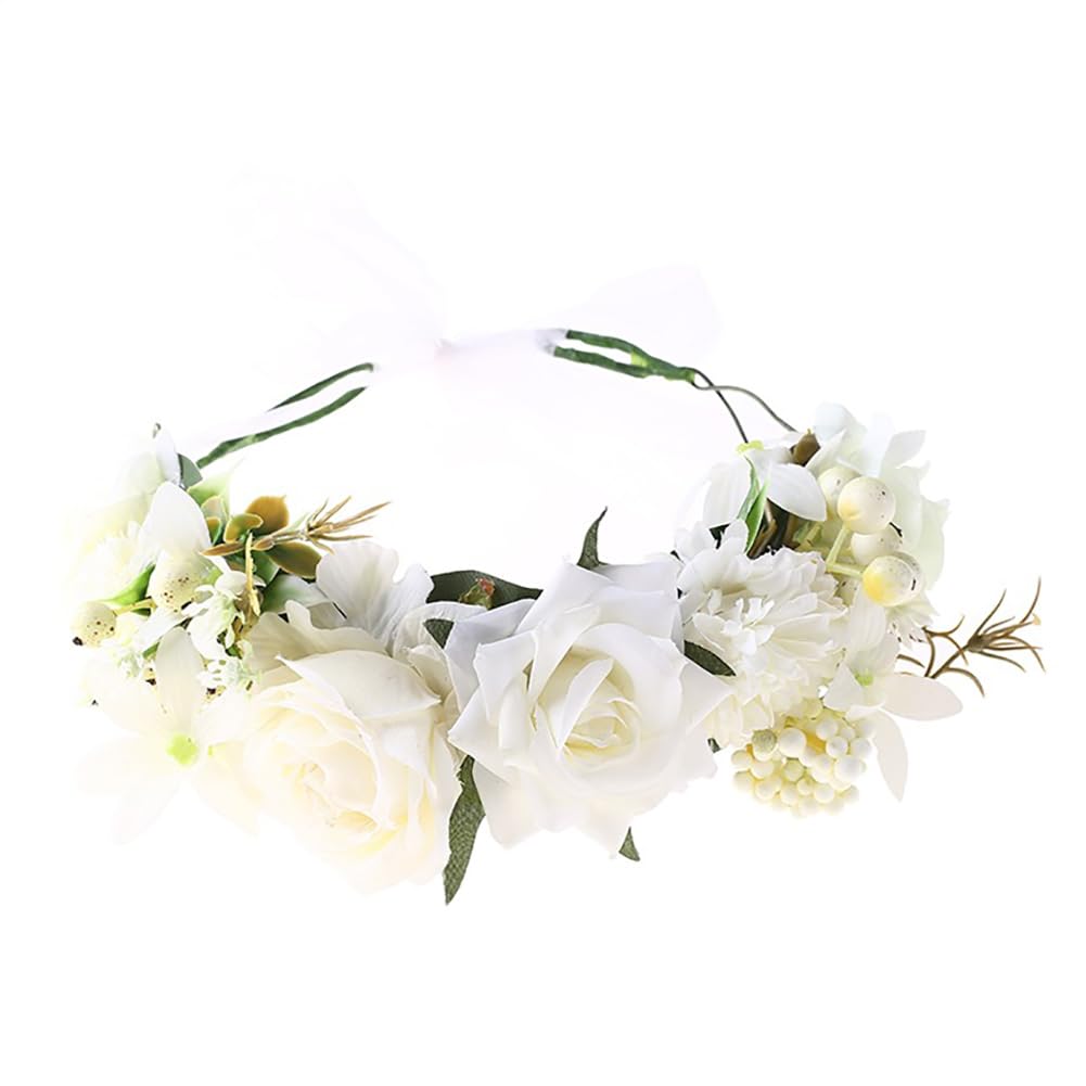 Corona de rosas para mujer, estilo pastoral, ajustable, corona de rosas para playa, fiesta, diadema floral (A- blanco)