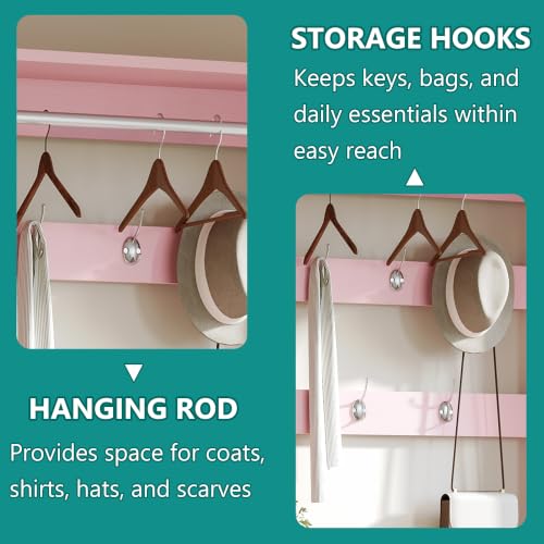 Image of Shoe Cabinet for Entryway with 3 Flip Drawers, Pink Tall Shoe Storage Cabinet with Coat Rack, Wood Narrow Slim Hidden Freestanding Shoe Rack Organizer, 2 in 1 Hall Tree for Living Room, Hallway
