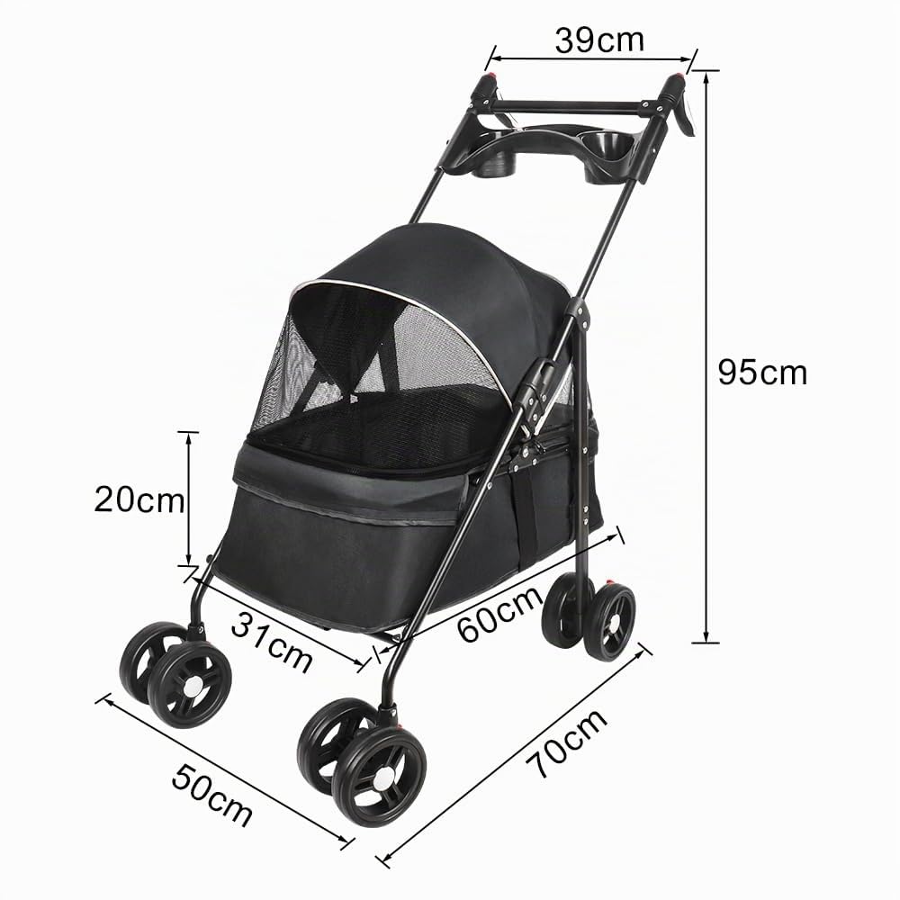Cochecito de viaje para perros, 25 kg, con bolsa de almacenamiento y cubierta para la lluvia, cochecito Buggy para perros con portavasos, 50 x 70 x 95 cm, color negro