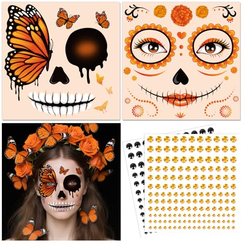 HOWAF Day of the Dead Face Tattoos Orange Dia De Los Muertos Face Tattoo 2 Marigold Flowers Butterfly Face Temporary Tattoos with 2 Sheets Jewels Sticker for Dia De Los Muertos Costume Accessories