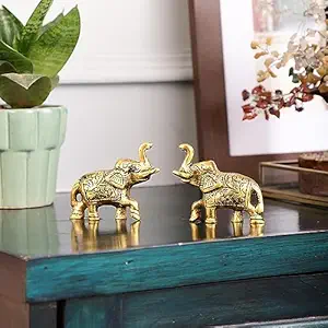PURESTORY Set of 2 Miniature Elephant Pair Showpiece.Decorative Accents for Living Room.Elephant Statues Home Decor Modern Style,Animal Figurines Set for Living Room,Bedroom,Office - Gold - 3 Inches