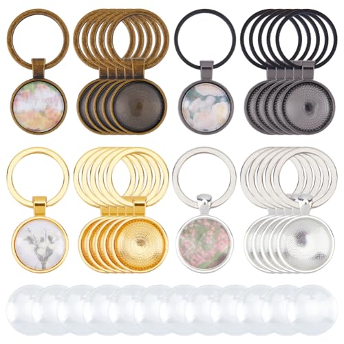 DICOSMETIC 24 Sets 4 Colors Cabochon Keychain Kit Alloy Pendant Cabochon Settings and Glass Cabochons 20mm Tray Blank DIY Keychain Making Kit for Photo Resin Personalized Crafting