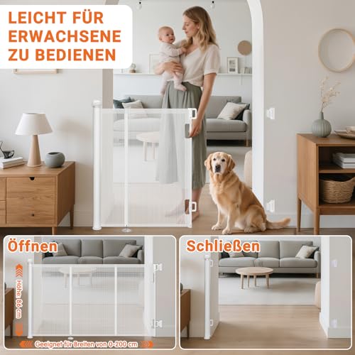 Ycozy 2026 Aufgerüstet Treppenschutzgitter 0-200cm Türschutzgitter Ausziehbar mit Stützstangen Treppenschutzrollo Einhändiges Öffnen Kinderschutzgitter Türgitter Baby Hunde Absperrgitter Treppengitter