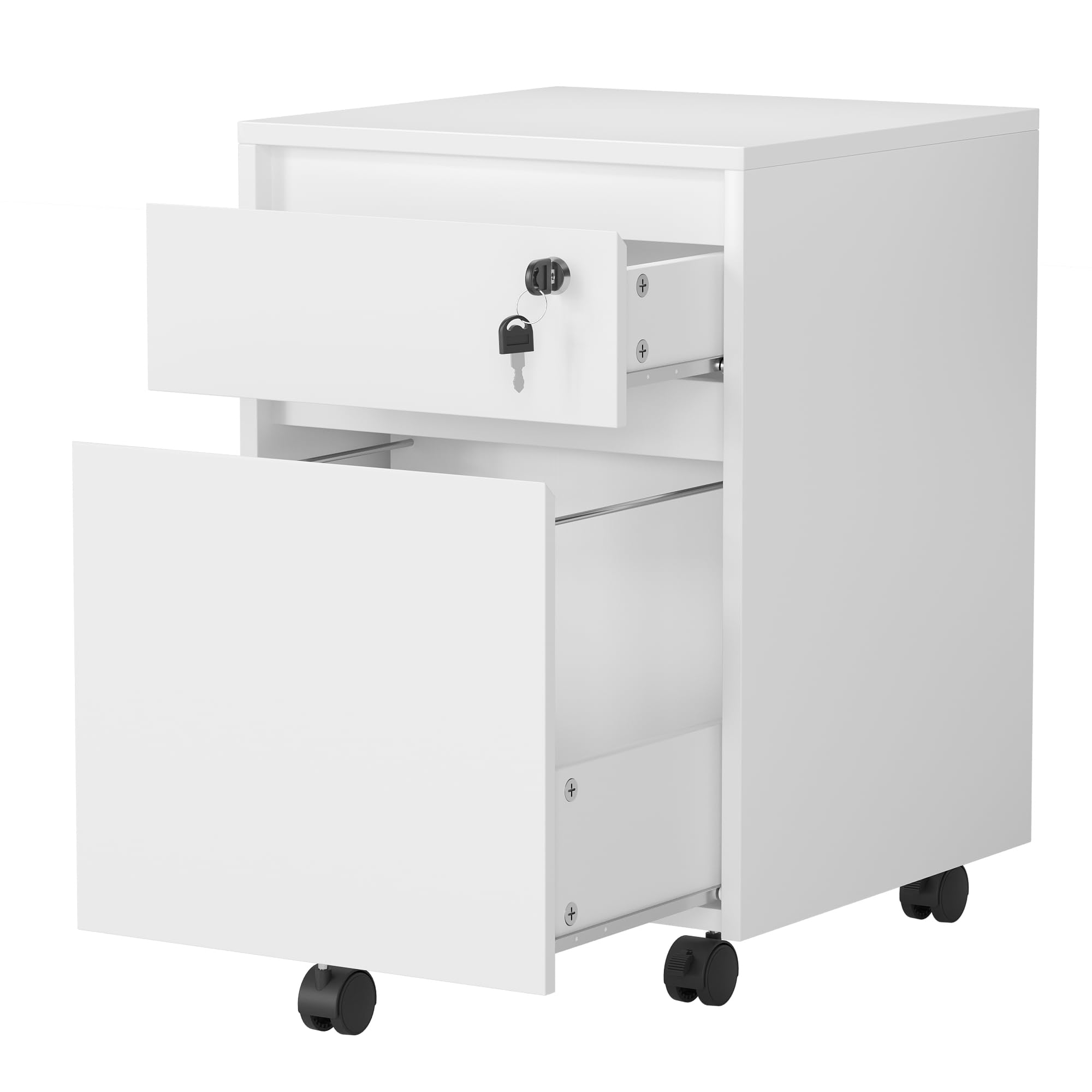 YOUDENOVA Schedario da Ufficio con 2 Cassetti e Serratura, Cassettiera Sotto Scrivania con 5 Ruote, Armadietto per Documenti A4 e Cartelle Sospese, 40x40x57 CM, Bianco