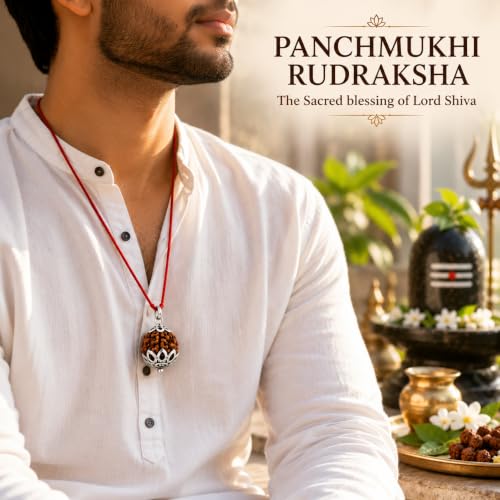 Image of 5 Mukhi Rudraksha | Panchmukhi Rudraksha | Rudraksha 5 Mukhi | Nepali Ruthratcham | 5mukhi Rudraksha Original Certified with Red Thread | With Silver Plated Pendant