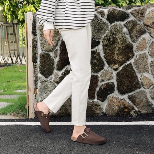 Image of Suede Clogs for Men Soft Cork Footbed Women's Clogs Mules with Arch Support, Adjustable Buckle Comfort Leather Potato Shoes, Slip-On Closed Toe Slippers