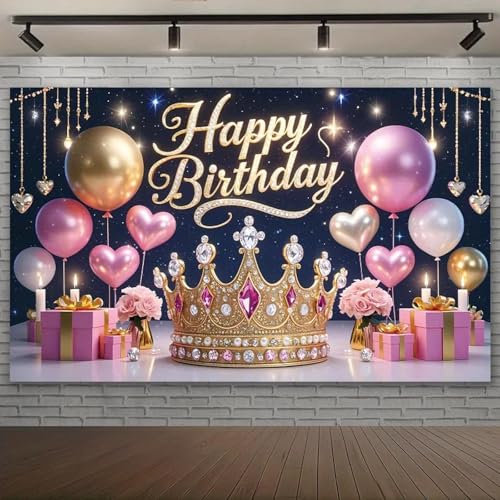 Un Tapiz de Fiesta de cumpleaños con temática de Princesa con un diseño de Corona de Feliz cumpleaños, cumpleaños. 300x200CM