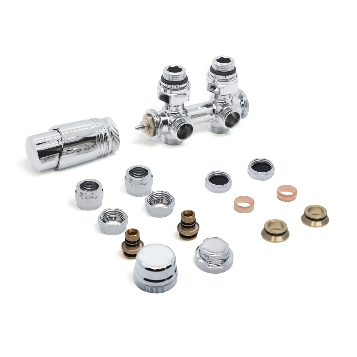 Válvulas multibloque para radiadores centrales, válvulas para radiadores con conexiones centrales en H, válvula universal para radiador de 50 mm con cabezal termostático (cromada)
