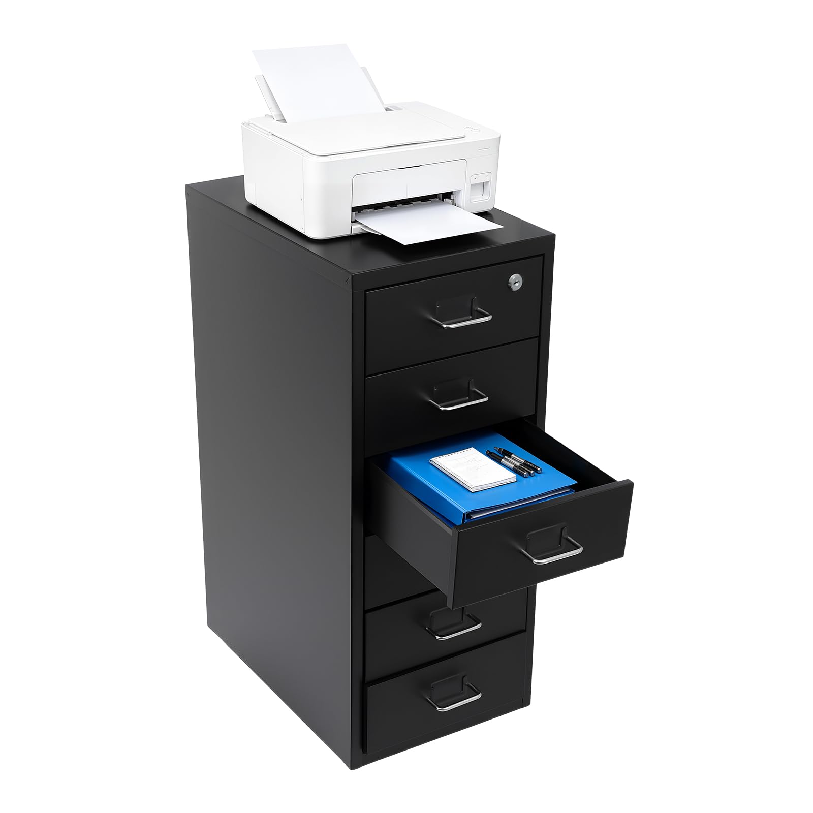 6 Ebenen Mobiler Vertikal Aktenschränke Aufbewahrungsschrank für Homeoffice | Rollcontainer, Metall Aktenschrank mit Schloss, 8-10kg pro Fach, für Homeoffice, Büro, 28x41x69cm, Schwarz