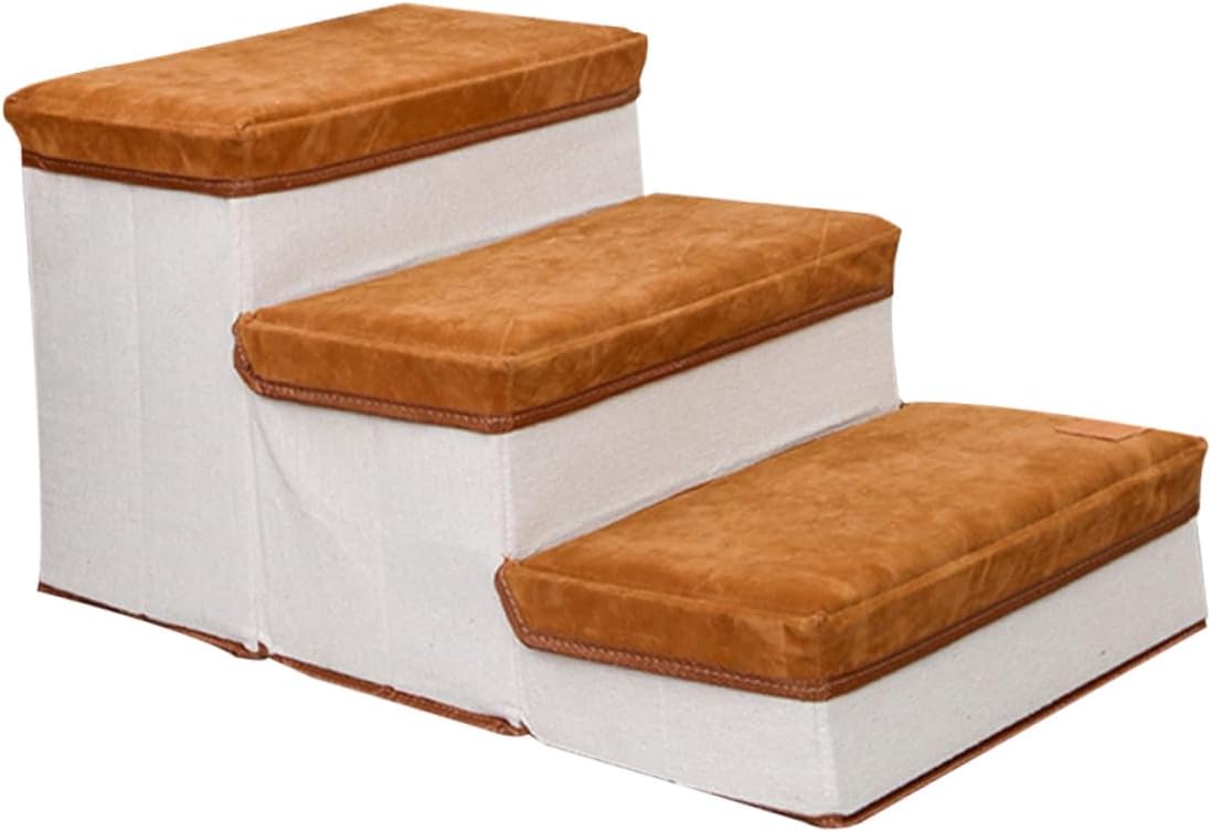 Foldable Three-Step Dog Ladder Non-Slip Pet Stair Ramp Brown Compact Storage for Small to Medium Dogs and Cats Indoor Use