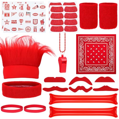 Bonuci 72 Pcs Red Spirit Wear Boys Camp Color War Accessories Team Spirit Day Accessories Spirits Bundles Colored Stuff Field Supplies Camp Game Color Items Crazy Hair Wig for Sport