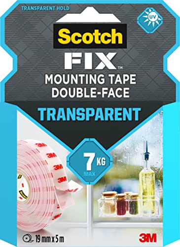 Scotch-Fix cinta adhesiva de doble cara transparente, 19 mm x 5 m - Cinta de montaje permanente para usar en interiores, en vidrio, azulejos, acrílico y metal