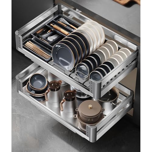 ENWYTE Organizador de gabinete extraíble Cajones deslizables de 2 niveles Riel guía ajustable de aleación de aluminio con bandeja escurridor Organizador de armario de cocina(Silver,570 * 415 * 125MM)