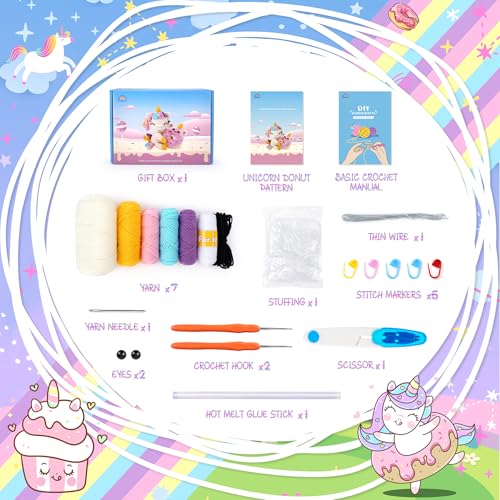 Image of Fortuning's JDS Crochet Kit for Beginners - Unicorn Crochets Kit with Step-by-Step Video Tutorials, Beginner Crochet Kit for Adults, Crochet Animal Kit for Kids, Crochet Unicorn Loves Donut Set
