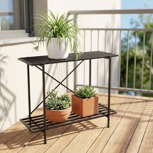 Image of ecofynd Eric Plant Stands for Outdoor Balcony, Flower Pot Stand for Indoor Plants, Large Metal Planter Stand for Living Room, home decor, Indoor & Outdoor plants, 2 Tier, (26 Inch, PS050-BLK)