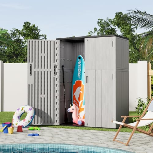 Image of KINYING Outdoor Vertical Storage Shed,57 Cu.ft Outdoor Storage Cabinet Waterproof,Resin Sheds & Outdoor Storage Clearance for Garden,Patio,Backyard,Lockable (Grey)