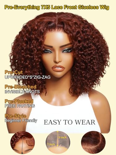 Image of Sunber Reddish Brown Afro Kinky Curly Human Hair Wig Pre Everyting 16inch | 7X5 HD Wigs With Drawstring Bye Bye Knots Pre Cut Lace 200% Density Put On Go Pre Plucked Pre Bleached Invisible Knots 16Inch