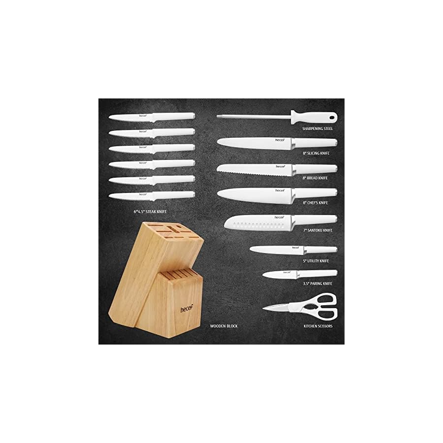 hecef Kitchen Knife Set with Wooden Block 15 PCS White, High Carbon Stainless Steel Ultra Sharp Kitchen Knife Set with 6 PCS Steak Knives, Meat Scissors, Sharpener Steel