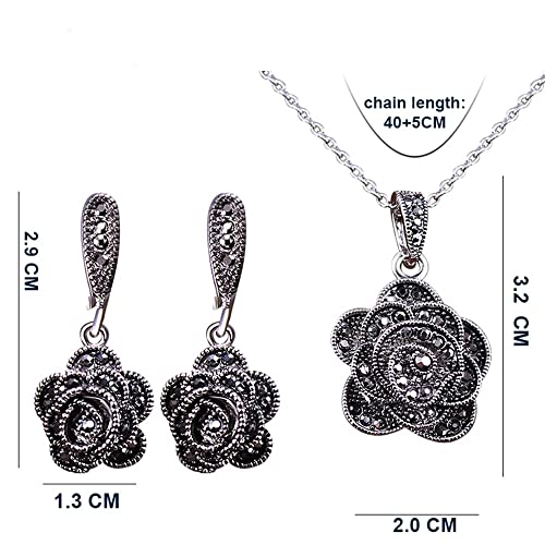 Vintage Black Crystal Geometric Rose Flower Necklace Earrings Fashion Jewelry Sets Christmas Day Gifts2