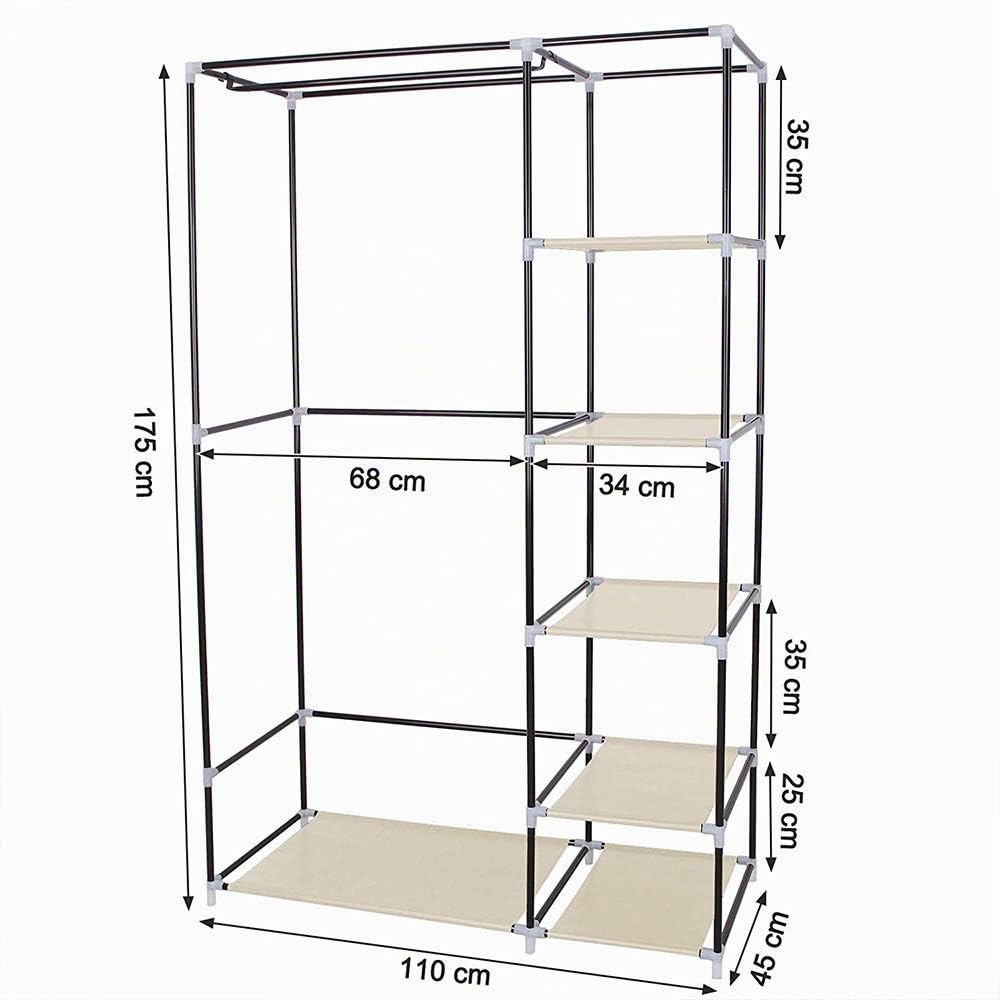 Supfine Armario de almacenamiento con barra de ropa y estantes, armario de tela para dormitorio portátil (beige, 110 x 45 x 175 cm)