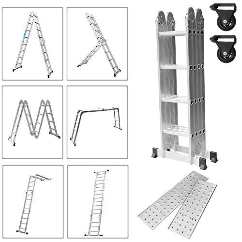 Preisvergleich Produktbild Froadp 470cm Aluminum Gerüst leiter Mehrzweckleiter Multifunktions Kombileiter Klappleiter Gerüst leiter mit 2 stück Plattform(470cm, 4×4 Stufen)