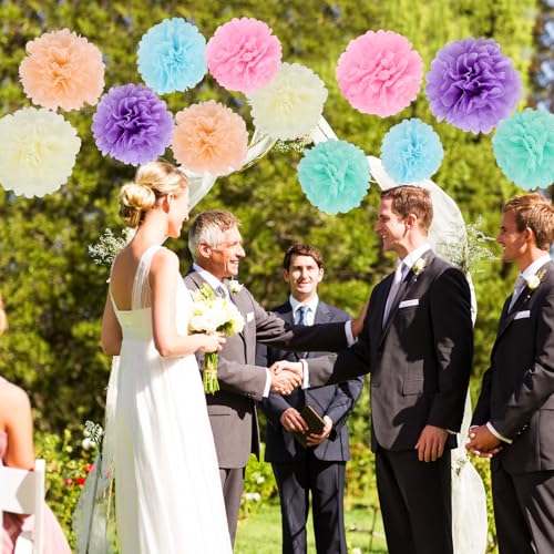 Image of BestoFun 16Pcs Pastel Party Decorations - Pom Poms, Paper Flowers for Wedding, Birthday, Engagement Receptions, Bridal Shower