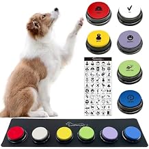 RIBOSY Set of 6 Recordable Buttons with Rubber Mat and 50 Training Stickers, Dog Buttons for Communication - Record& Playback Your Own Voice to Train Your Pet Voice What They WantBattery Included