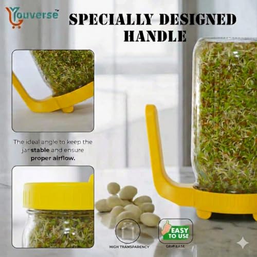 Image of Sprouts Maker Glass Jar - 950ml Large Sprouts Maker Jar for Home Use | BPA-Free Sprouting Jar with Drain Lid Handle | Airflow, Odor-Free, Easy Drainage, and Hygienic Glass Design (Yellow)