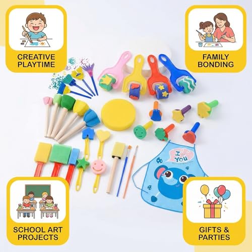JUXINE 33 Stück Malerei Schwamm Pinselset, Kinder Malwerkzeuge Set | Kreatives Bastelset mit verschiedenen Formen | Sicher & Ungiftig | Ideal für Frühförderung, DIY-Kunst & Geschenke. (Rot)