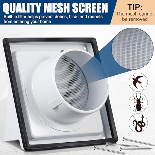 Image of Gisafai 4 inch Dryer Vent Cover Outside with Stainless Steel Guard Wall Dryer Exhaust Cap and Removable Extended Pipe Vent Shroud Hood Cushioned Non Return Flap with Sealing Gasket Grille(White)