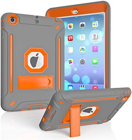 MAKEIT CASE iPad Mini Case, iPad Mini 3 Case Heavy Duty Hybrid Shockproof Protective Silicone and PC Hard Case Full-Body Rugged Protective Case with Kickstand for iPad Mini 1/2/3 (S-Grey/Orange)